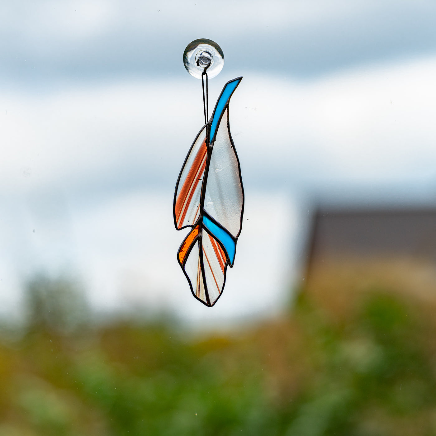 Clear stained glass feather suncatcher for window decoration