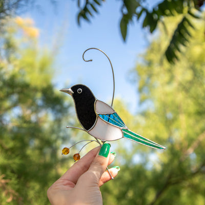 Magpie on a branch window hanging suncatcher