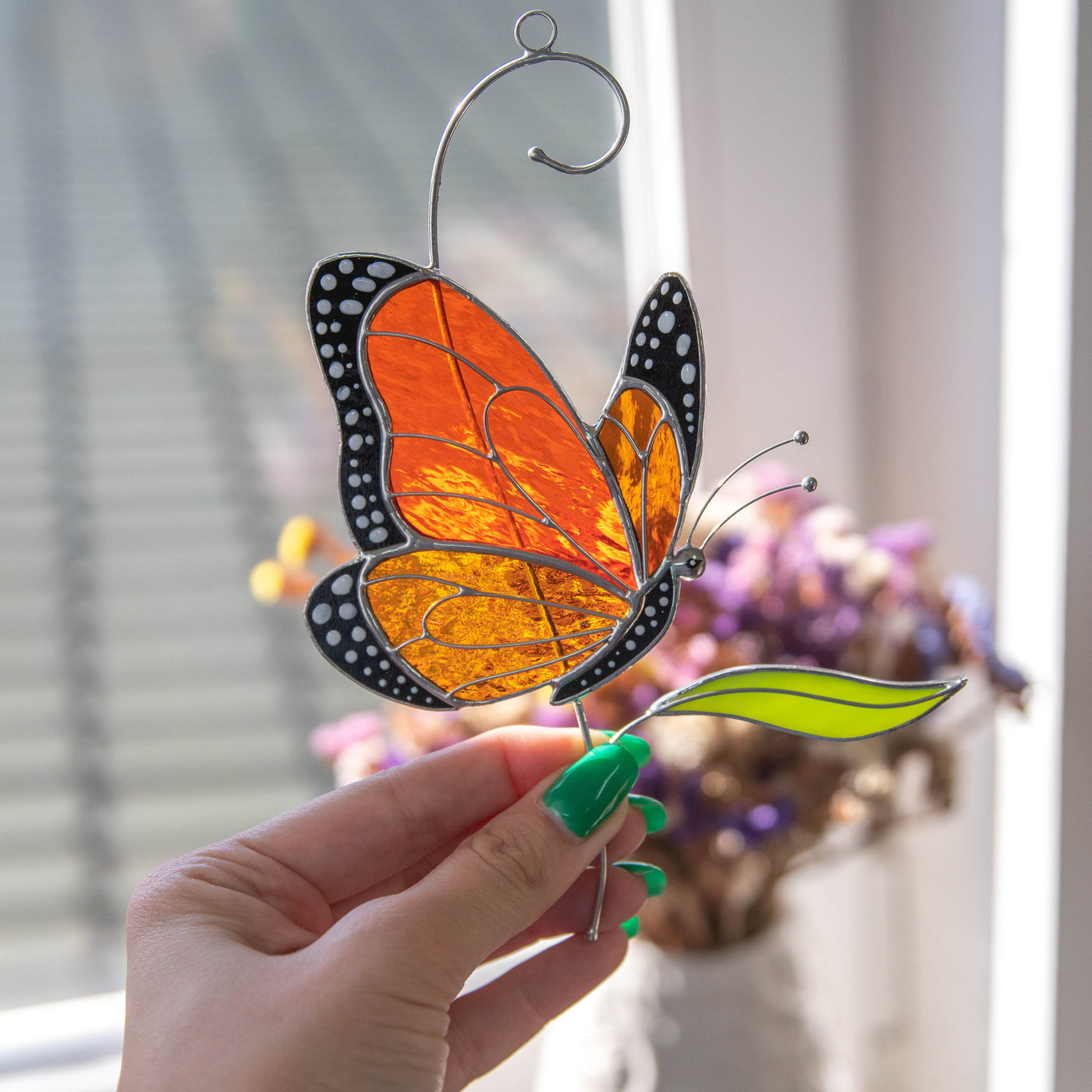 Stained glass monarch butterfly side view window hanging