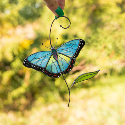 Vibrant blue morpho butterfly suncatcher of stained glass