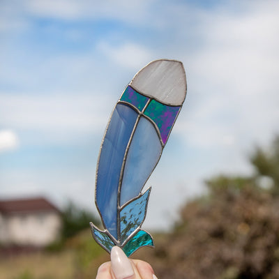 Stained glass bluejay feather window hanging for home decor