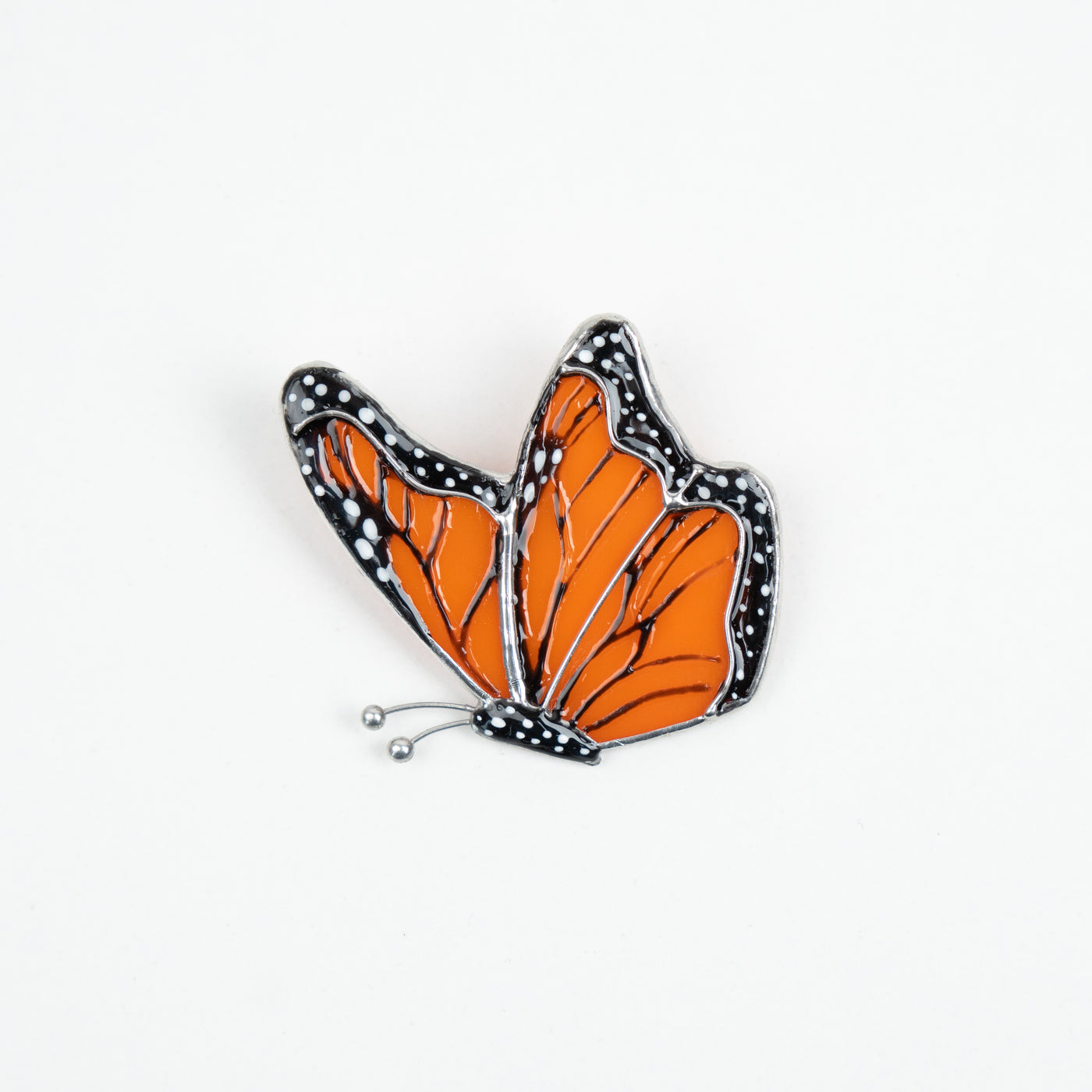 Side-view stained glass monarch butterfly brooch 