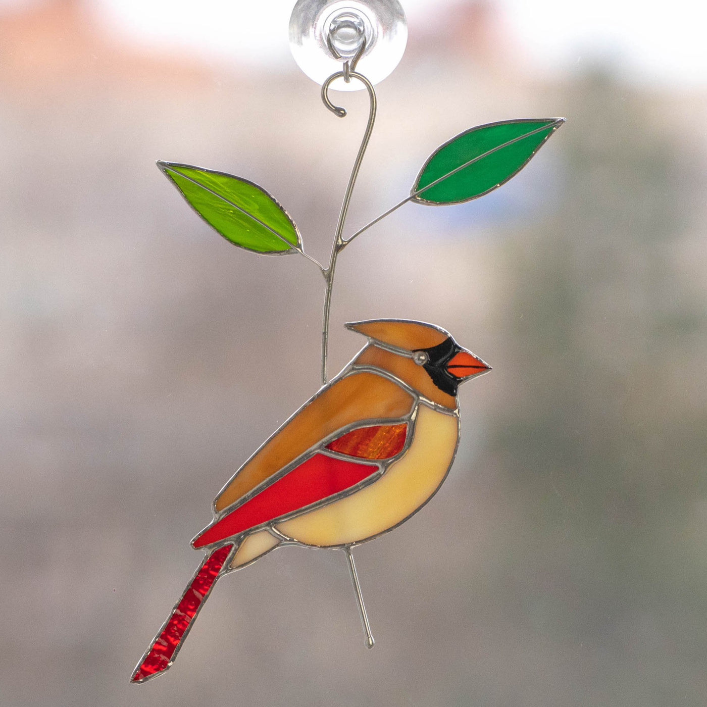 Stained glass female cardinal suncatcher for home window decor