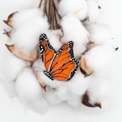 Stained glass monarch butterfly side-view brooch