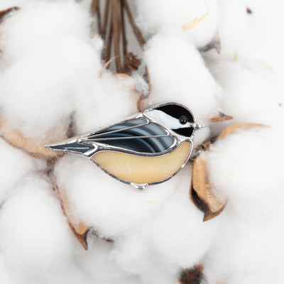 Yellow chickadee brooch of stained glass