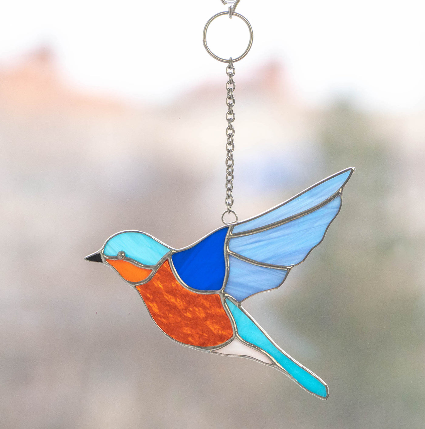 Stained glass flying bluebird suncatcher for window 