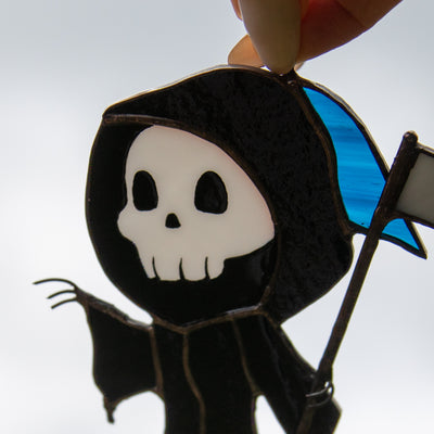 Zoomed stained glass Grim Reaper suncatcher 