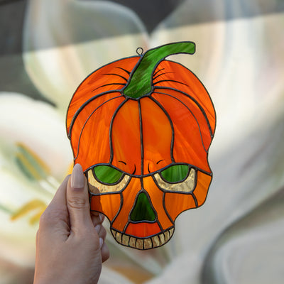 Horror stained glass Halloween pumpkin skull window hanging