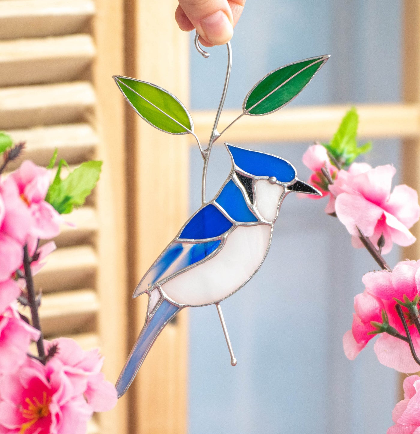 Stained glass blue jay bird window hanging of stained glass for home decor