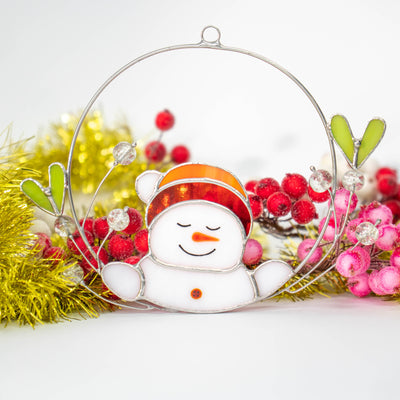 Lovely snowman in mistletoe window hanging of stained glass