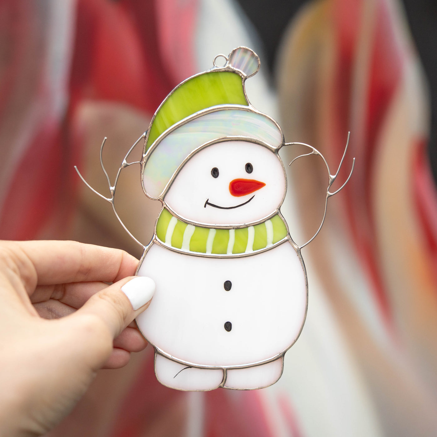 Funny stained glass snowman in green hat window hanging 