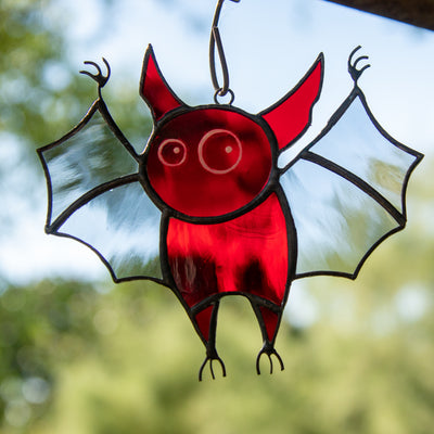 Spooky stained glass red bat suncatcher for Halloween decor