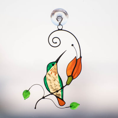 Stained glass suncatcher bird - Hummingbird with Orange Flower