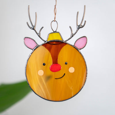 Stained glass reindeer with the red nose window hanging