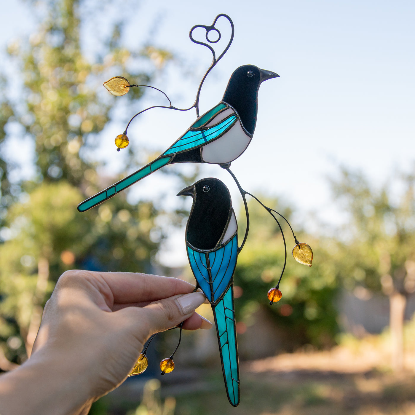 Stained glass magpies window hanging for home decor