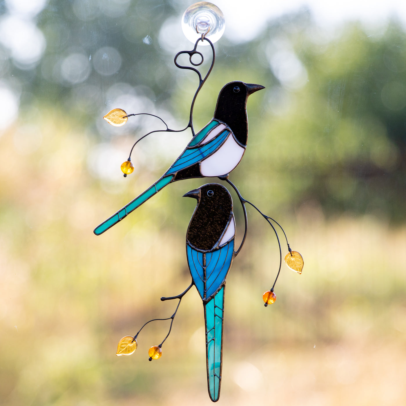 Stained glass magpies suncatcher for window decor