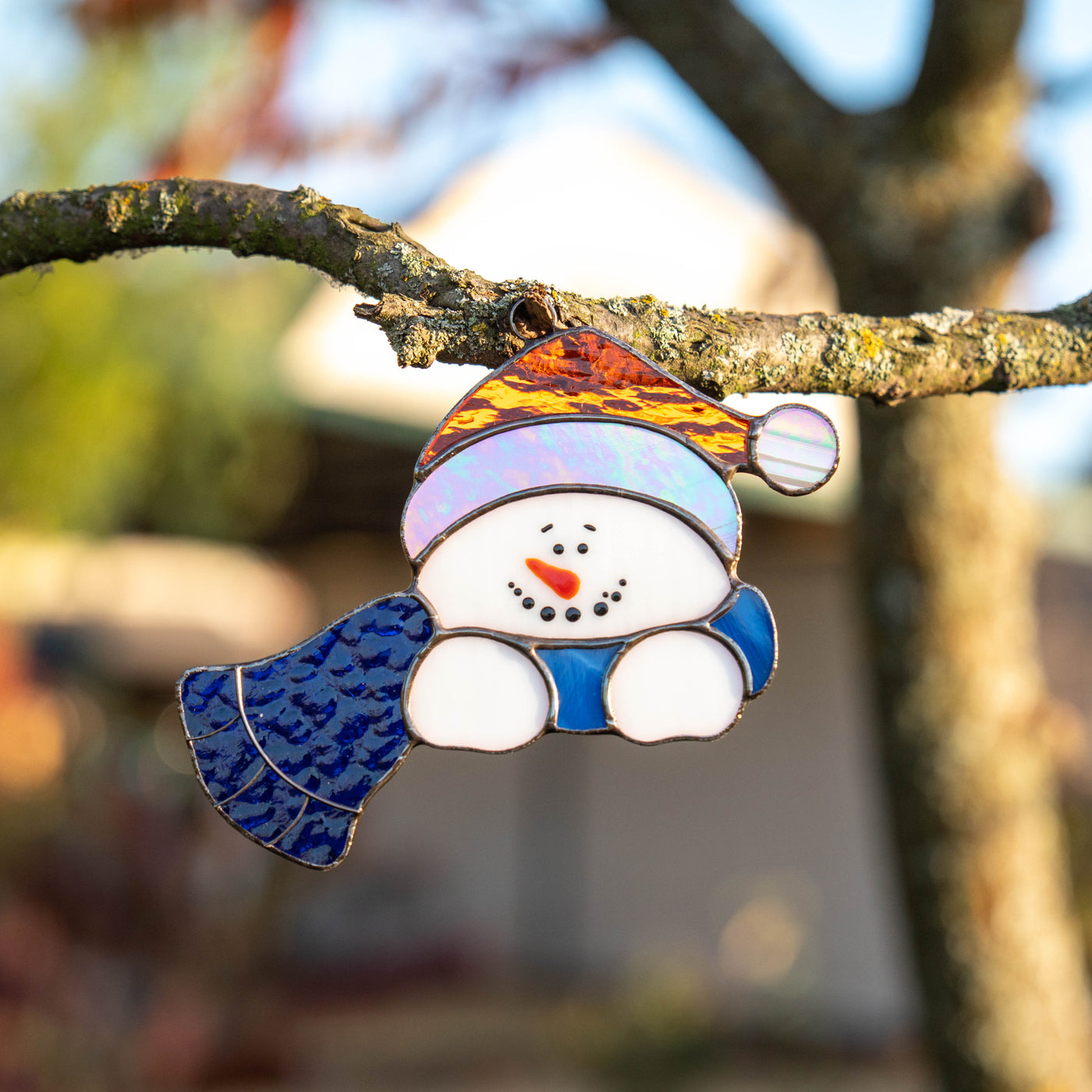 Christmas snowman in blue scarf suncatcher for window