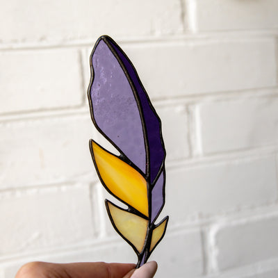 Stained glass yellow and purple feather window hanging 