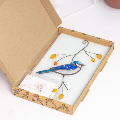 Blue jay bird suncatcher in a brand box