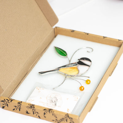 Chickadee suncatcher in a brand box