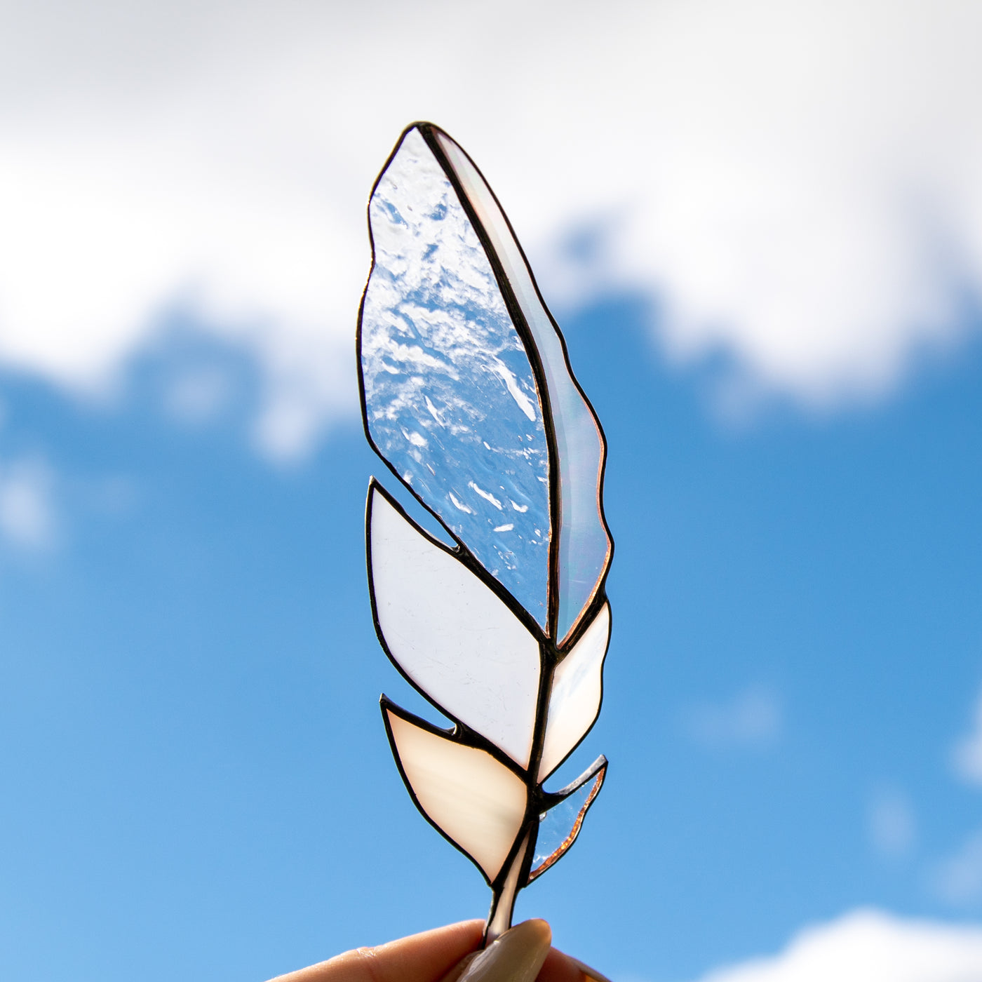 Clear and white stained glass feather suncatcher for window 