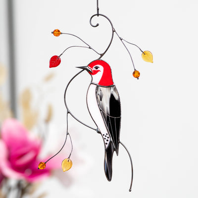 Handcrafted stained glass woodpecker window hanging