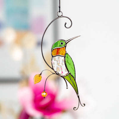  Stained glass hummingbird with transparent belly and orange throat suncatcher
