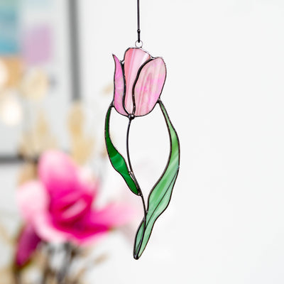 Stained glass pink tulip suncatcher 