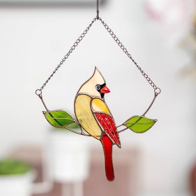 Female cardinal suncatcher of stained glass