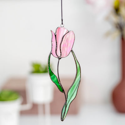 Stained glass window hanging of pink tulip