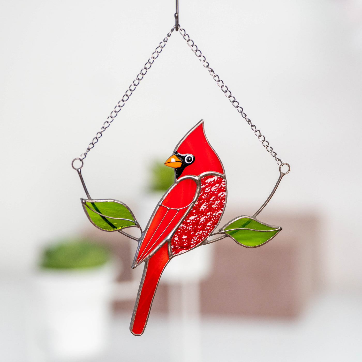 Stained glass cardinal on the chain with leaves suncatcher
