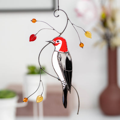 Zoomed stained glass woodpecker window hanging 