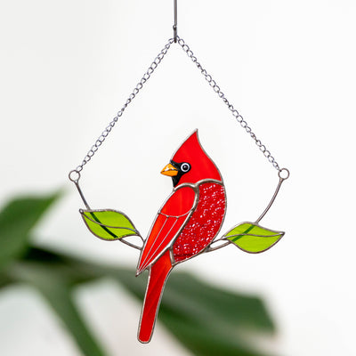 Stained glass male red cardinal on the chain with leaves suncatcher