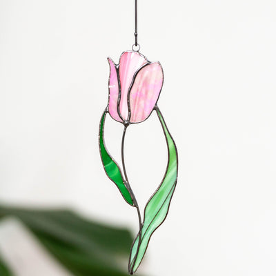 Pink tulip suncatcher of stained glass for Mother's Day gift