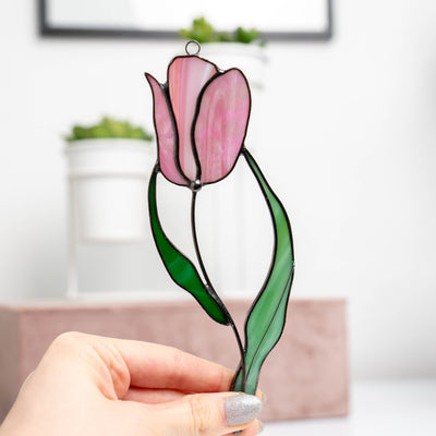 Zoomed stained glass pink tulip window hanging