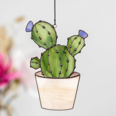 Stained glass cactus suncatcher with purple flowers 
