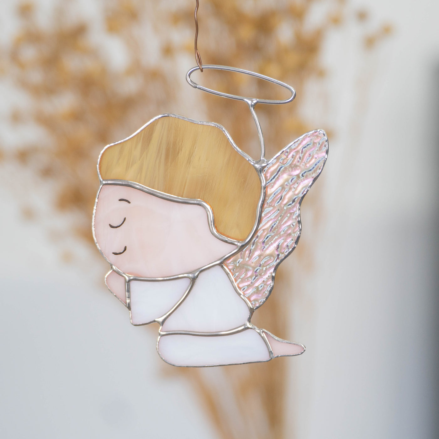Praying on knees stained glass angel boy window hanging