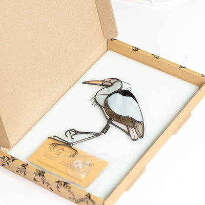 Stained glass blue heron in a brand box