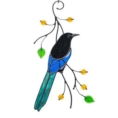 Zoomed stained glass magpie window hanging 