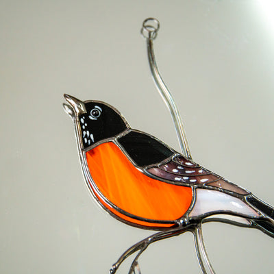 Zoomed stained glass American robin window hanging with it's details and orange tummy