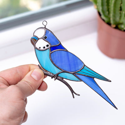 Stained glass blue parakeet suncatcher