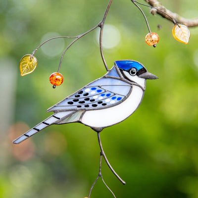 Blue jay bird made of stained glass suncatcher