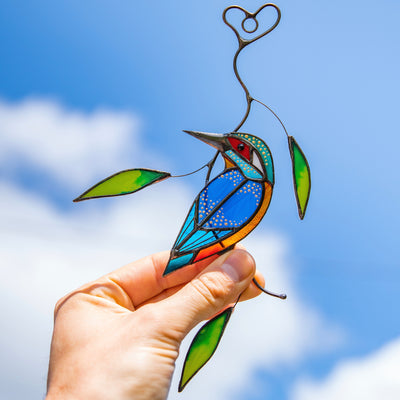 Stained glass kingfisher with leaves suncatcher