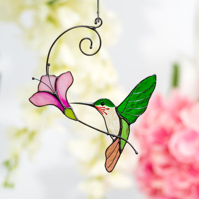 Stained glass green hummingbird with pink flower  suncatcher