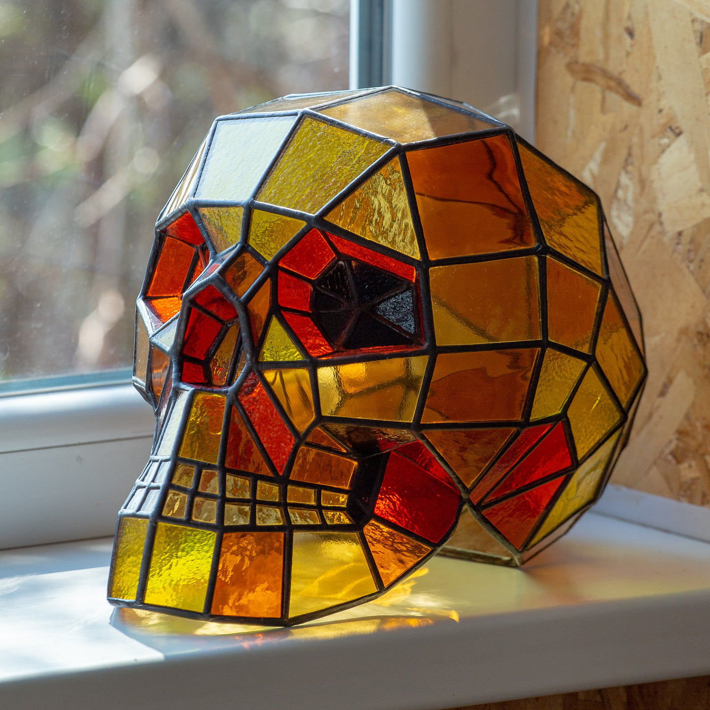 Ironman-coloured Halloween stained glass 3D human skull 