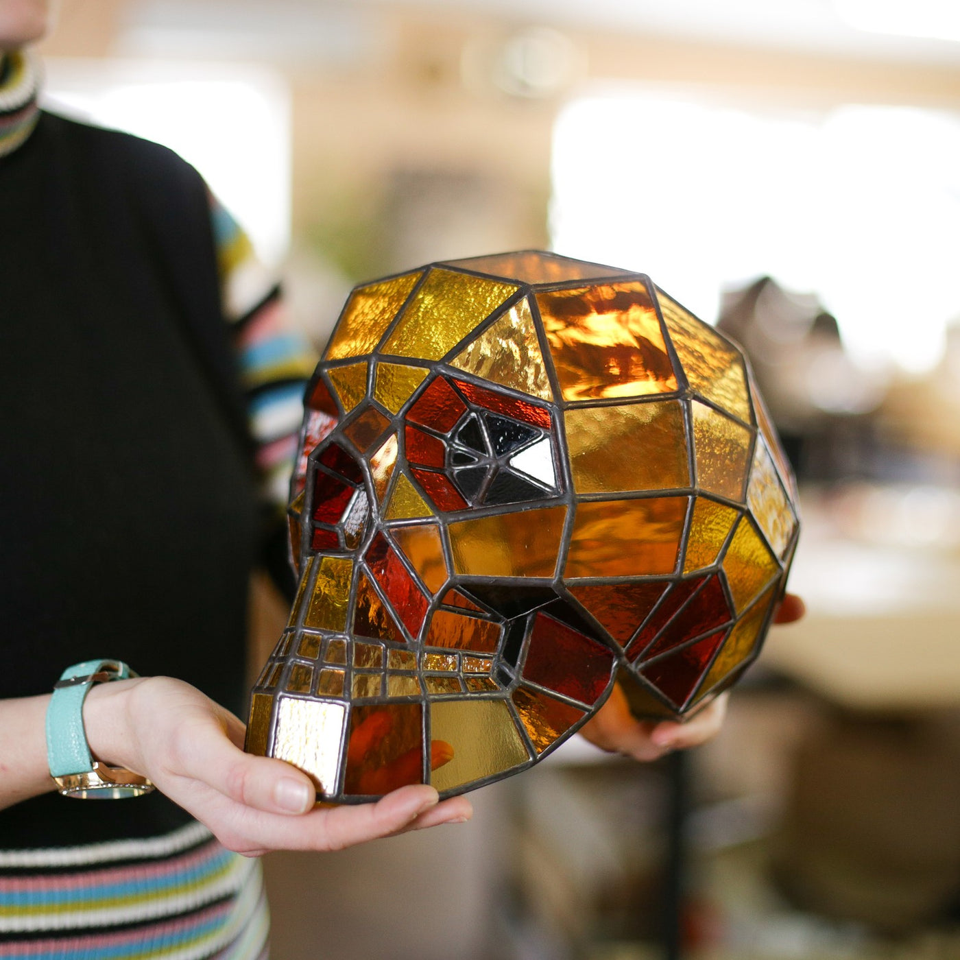 Ironman-coloured stained glass human skull for Halloween celebrations