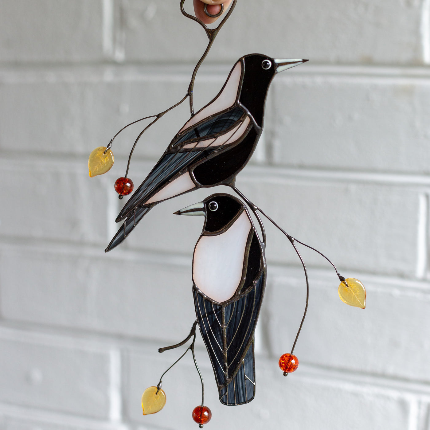 2 Australian magpies window hangings of stained glass 