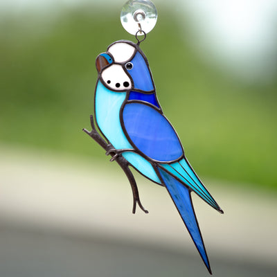Blue stained glass budgie on the branch suncatcher