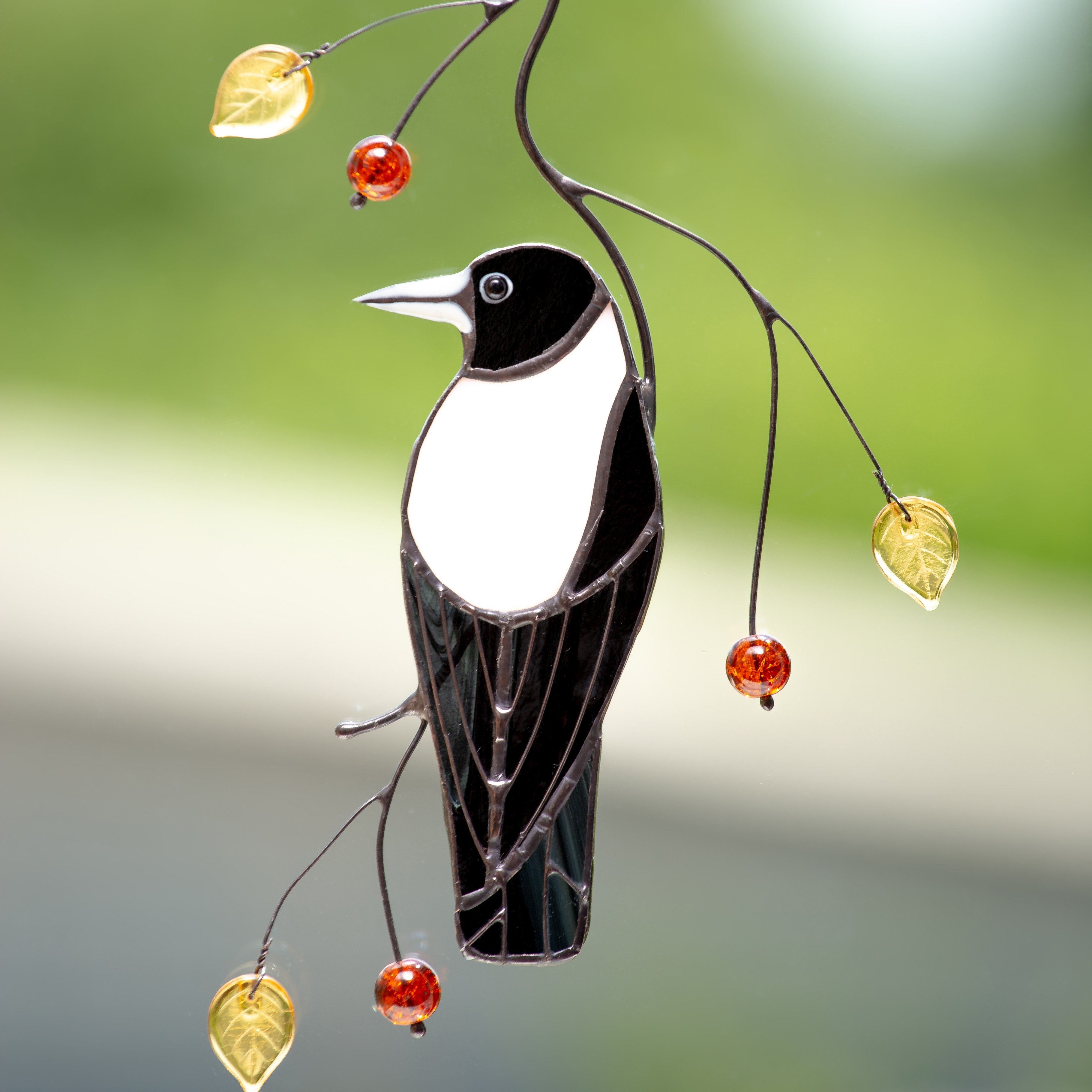 Back-view staned glass Australian magpie suncatcher