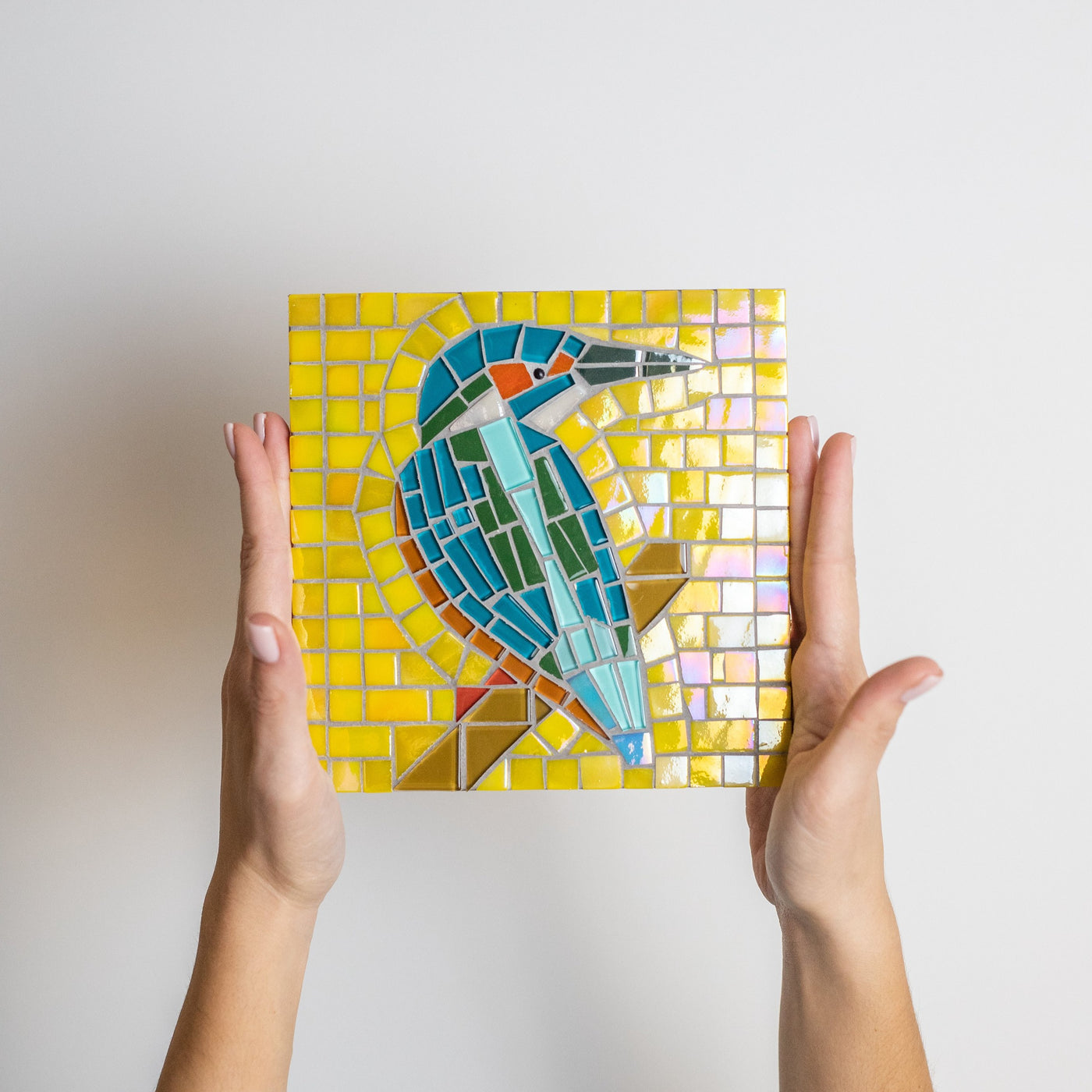 Glass mosaic kingfisher pattern